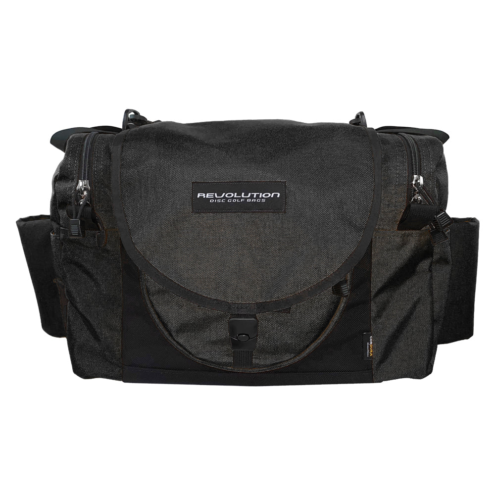 Gotta Go Gotta Throw Revolution Carolina Team V3 disc golf bag in onyx black, featuring multiple compartments for discs and accessories.