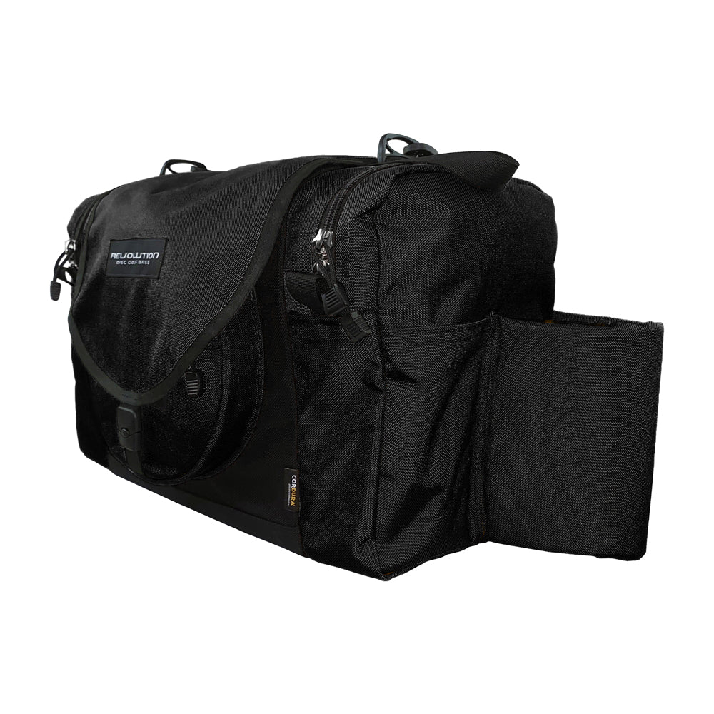 Gotta Go Gotta Throw Revolution Carolina Team V3 Disc Golf Bag in black with multiple compartments and adjustable straps.