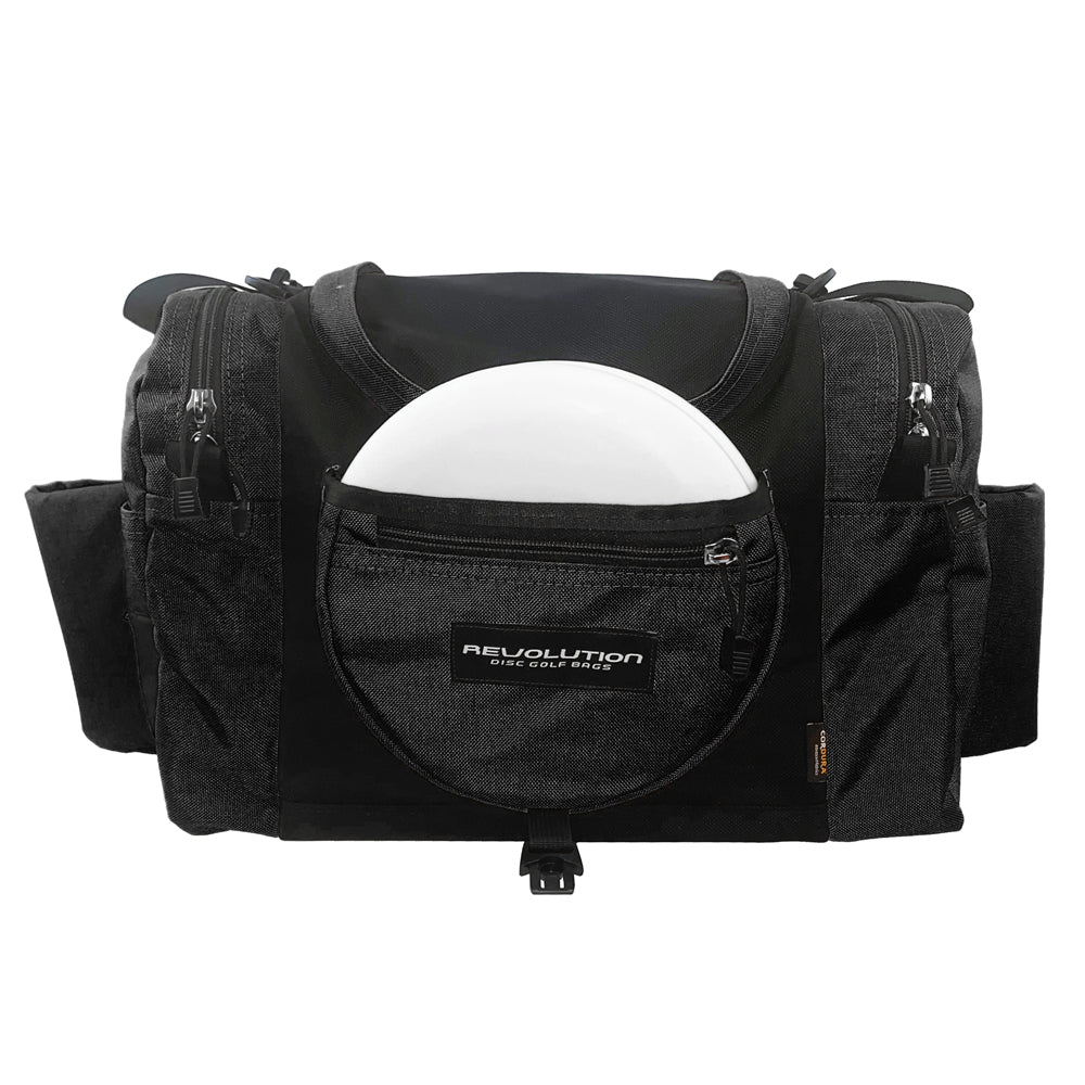 Gotta Go Gotta Throw Revolution Carolina Team V3 disc golf bag in black with multiple compartments and adjustable straps.
