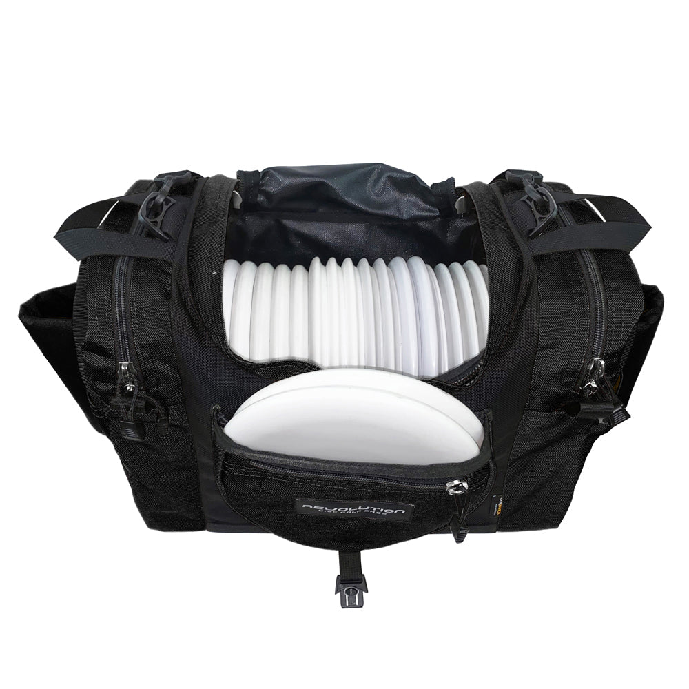 Revolution Carolina Team V3 disc golf bag by Gotta Go Gotta Throw in black with multiple compartments and padded straps.