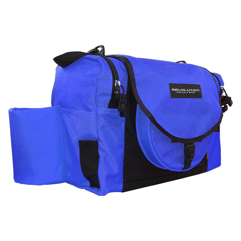 Gotta Go Gotta Throw Revolution Carolina Team V3 disc golf bag in sapphire blue with black accents, multiple compartments for discs.