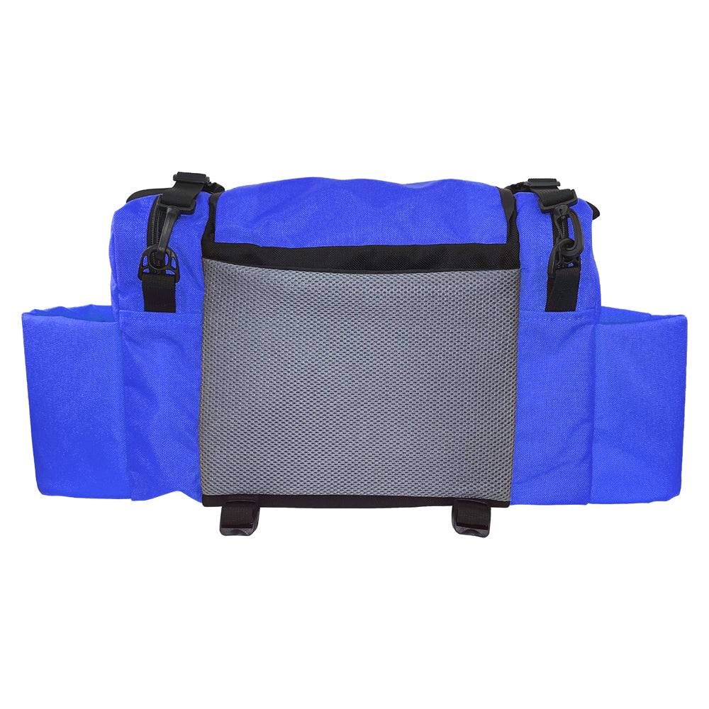 Gotta Go Gotta Throw Revolution Carolina Team V3 disc golf bag in sapphire blue with black accents, multiple compartments and handle.