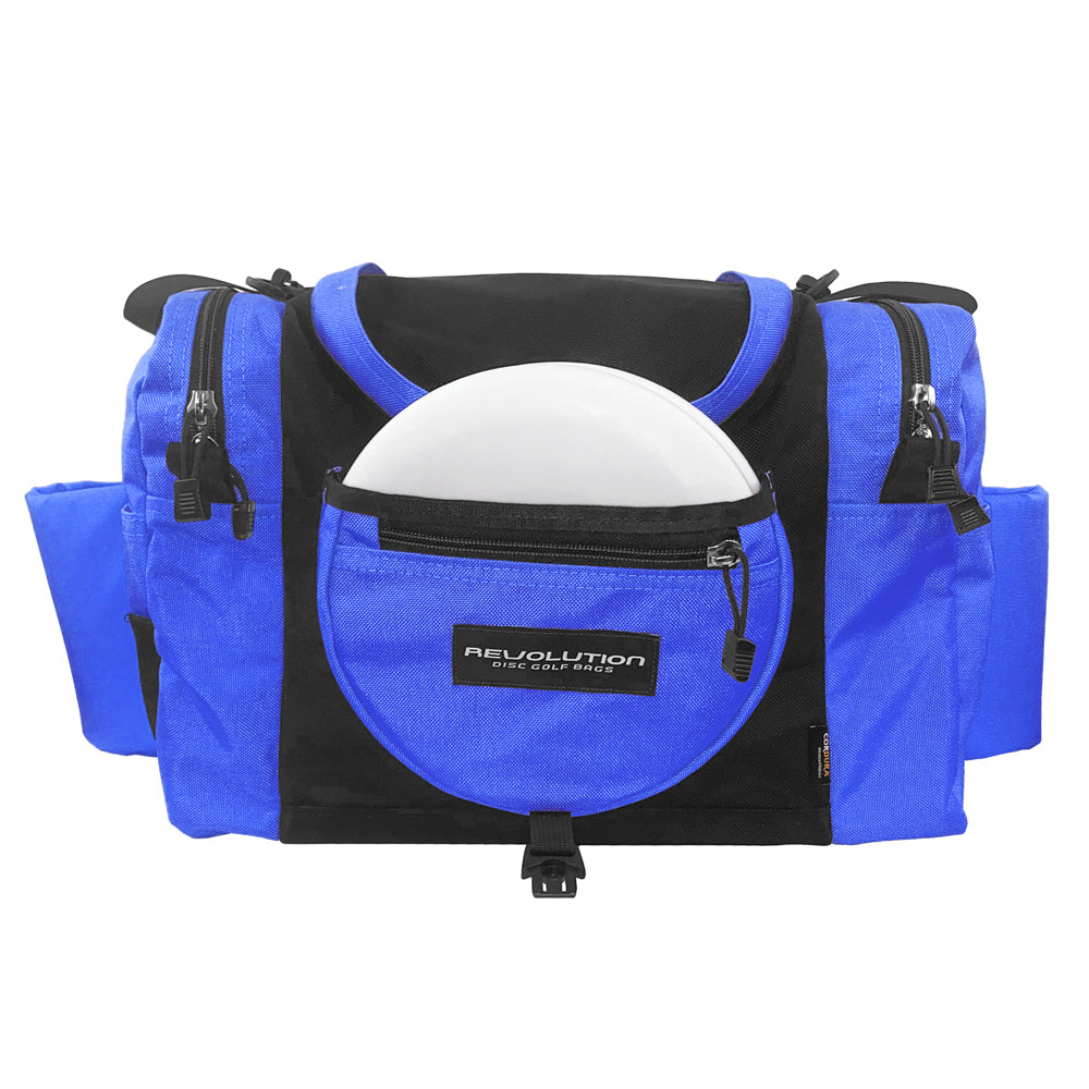 Gotta Go Gotta Throw Revolution Carolina Team V3 disc golf bag in sapphire blue with black accents, multiple compartments and adjustable straps.