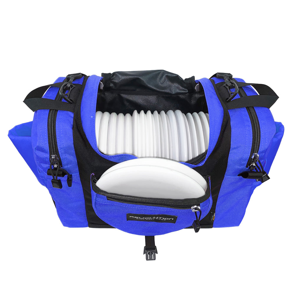 Gotta Go Gotta Throw Revolution Carolina Team V3 disc golf bag in sapphire blue with multiple compartments and adjustable straps.
