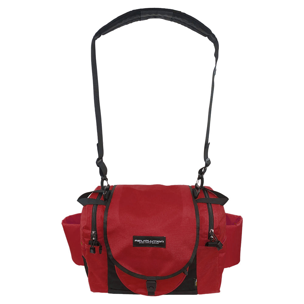 Gotta Go Gotta Throw Revolution Carolina Team V3 disc golf bag in crimson with multiple compartments and adjustable straps.
