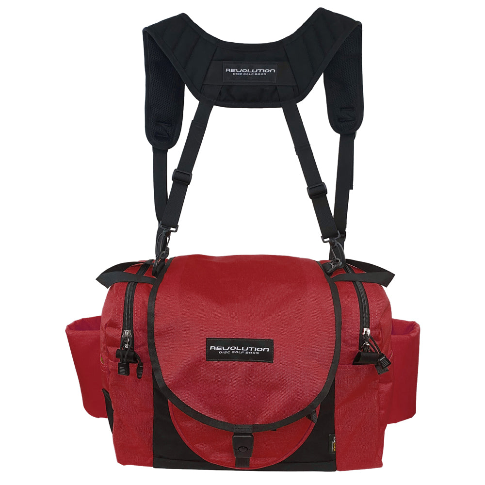 Gotta Go Gotta Throw Revolution Carolina Team V3 disc golf bag in crimson with multiple compartments and adjustable straps.