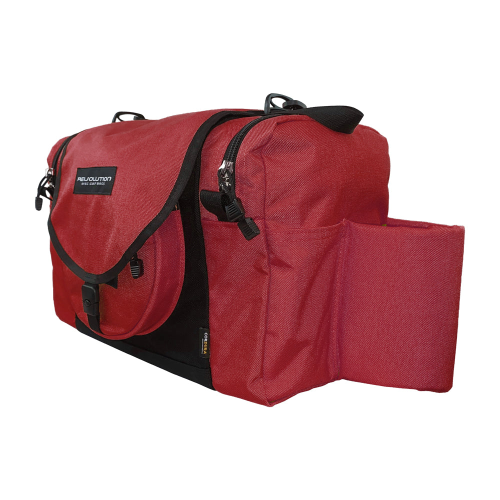 Gotta Go Gotta Throw Revolution Carolina Team V3 disc golf bag in crimson with multiple compartments and sturdy shoulder straps.