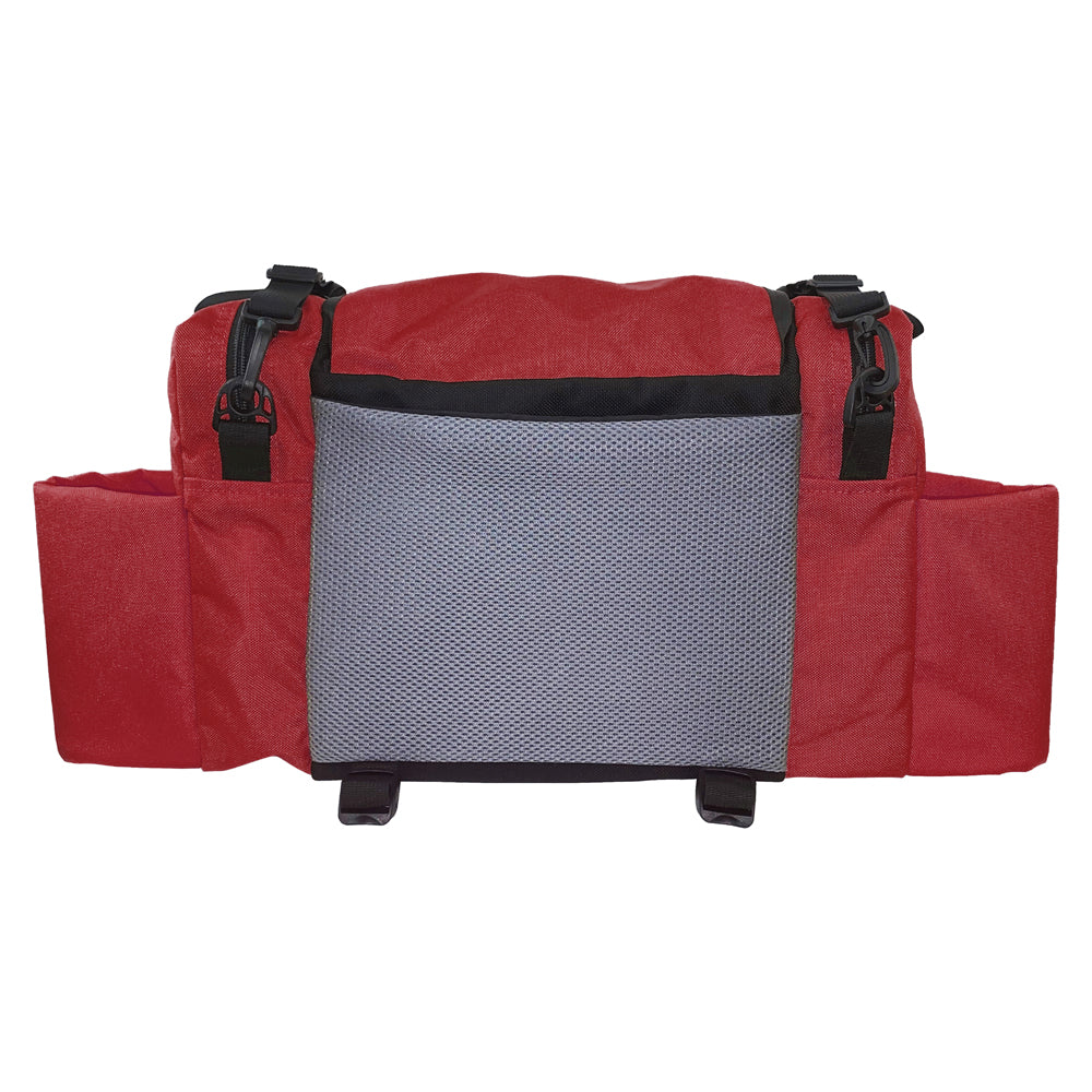 Gotta Go Gotta Throw Revolution Carolina Team V3 disc golf bag in crimson with multiple compartments and adjustable straps.