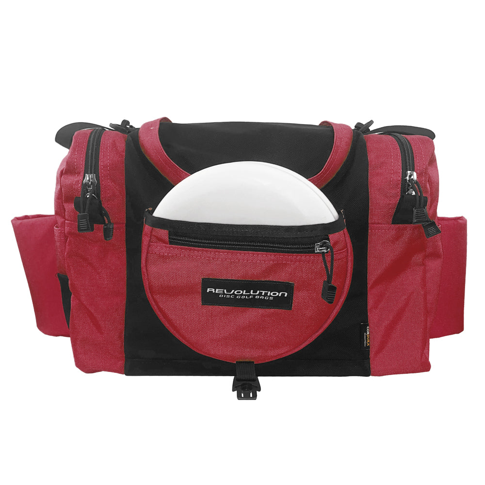 Gotta Go Gotta Throw Revolution Carolina Team V3 disc golf bag in crimson with multiple compartments and black accents.