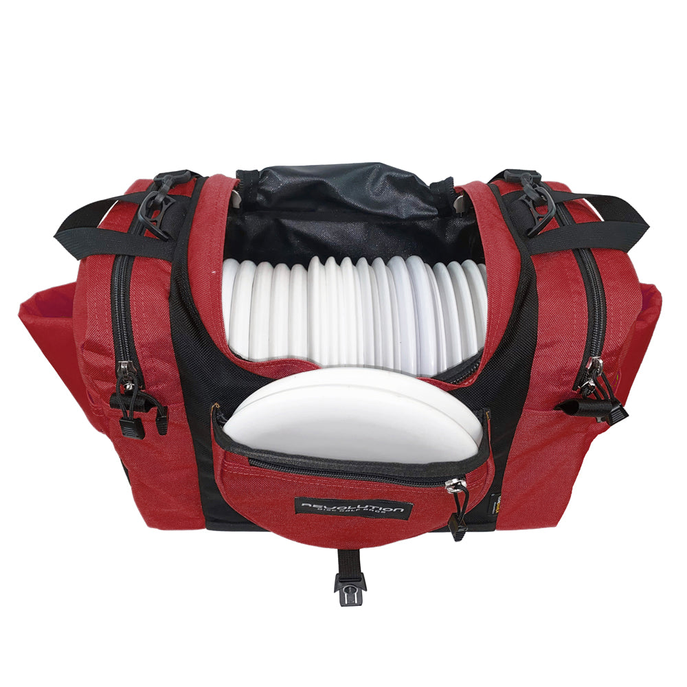 Crimson Revolution Carolina Team V3 disc golf bag by Gotta Go Gotta Throw, featuring multiple compartments and carrying straps.