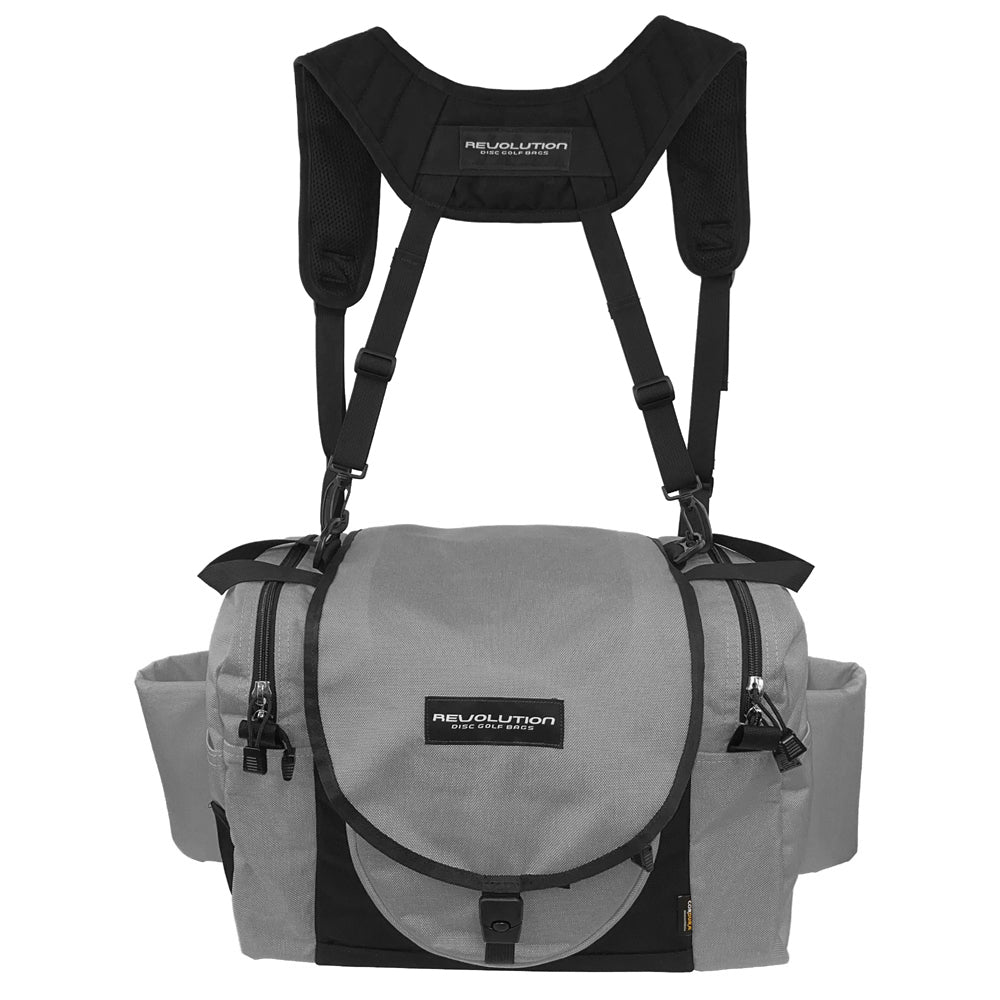 Gotta Go Gotta Throw Revolution Carolina Team V3 disc golf bag in mountain mist with gray and black design, multiple compartments.