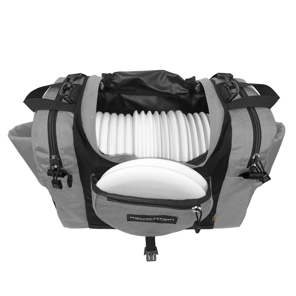 Gotta Go Gotta Throw Revolution Carolina Team V3 disc golf bag in Mountain Mist with gray and black design, multiple compartments.