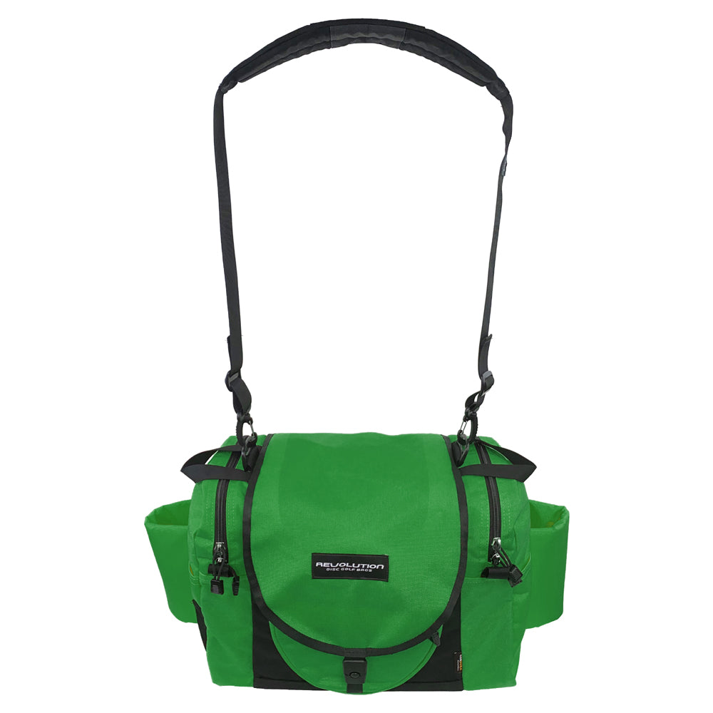 Gotta Go Gotta Throw Revolution Carolina Team V3 disc golf bag in forest green and black with multiple compartments and carrying straps.