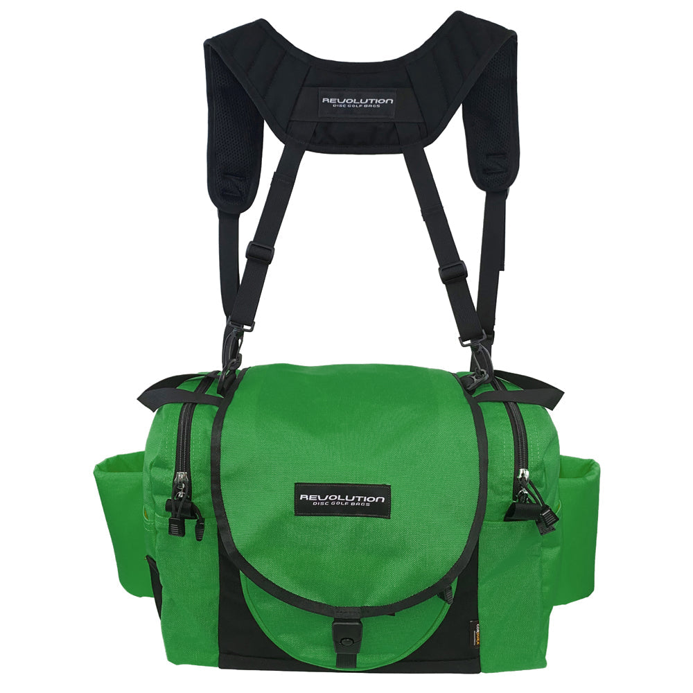 Gotta Go Gotta Throw Revolution Carolina Team V3 disc golf bag in forest green and black, with multiple compartments for discs and accessories.