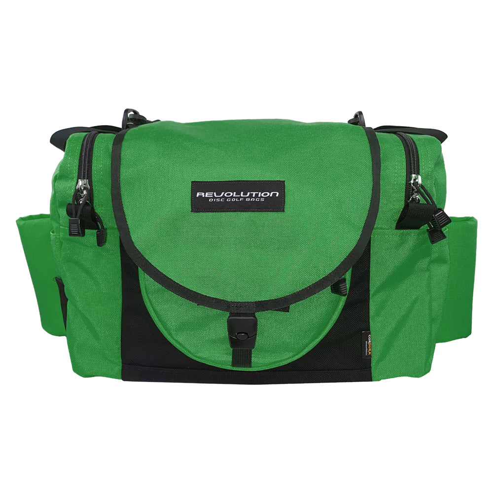 Gotta Go Gotta Throw Revolution Carolina Team V3 disc golf bag in forest green and black, with multiple compartments and adjustable straps.