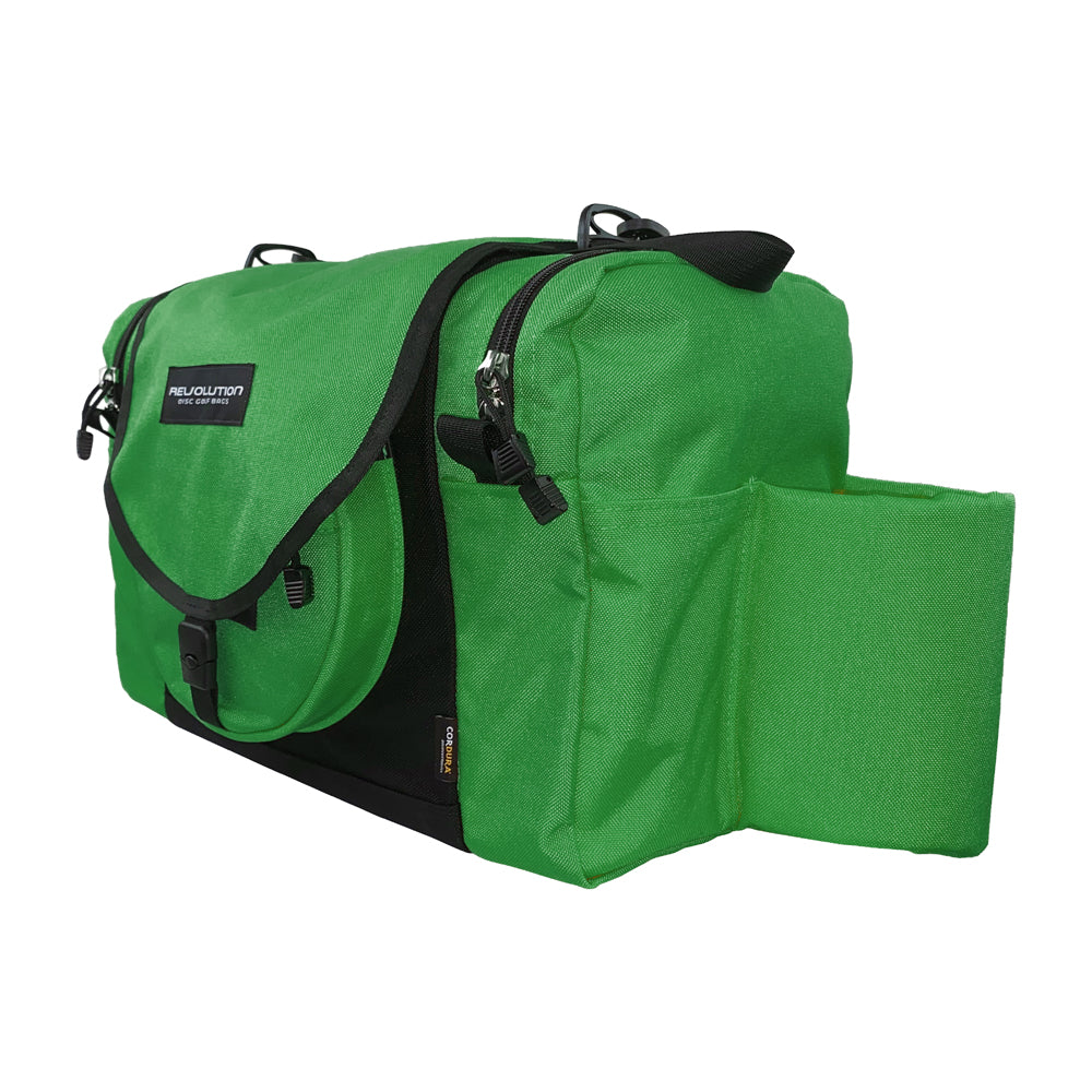Gotta Go Gotta Throw Revolution Carolina Team V3 disc golf bag in forest green and black with multiple compartments.