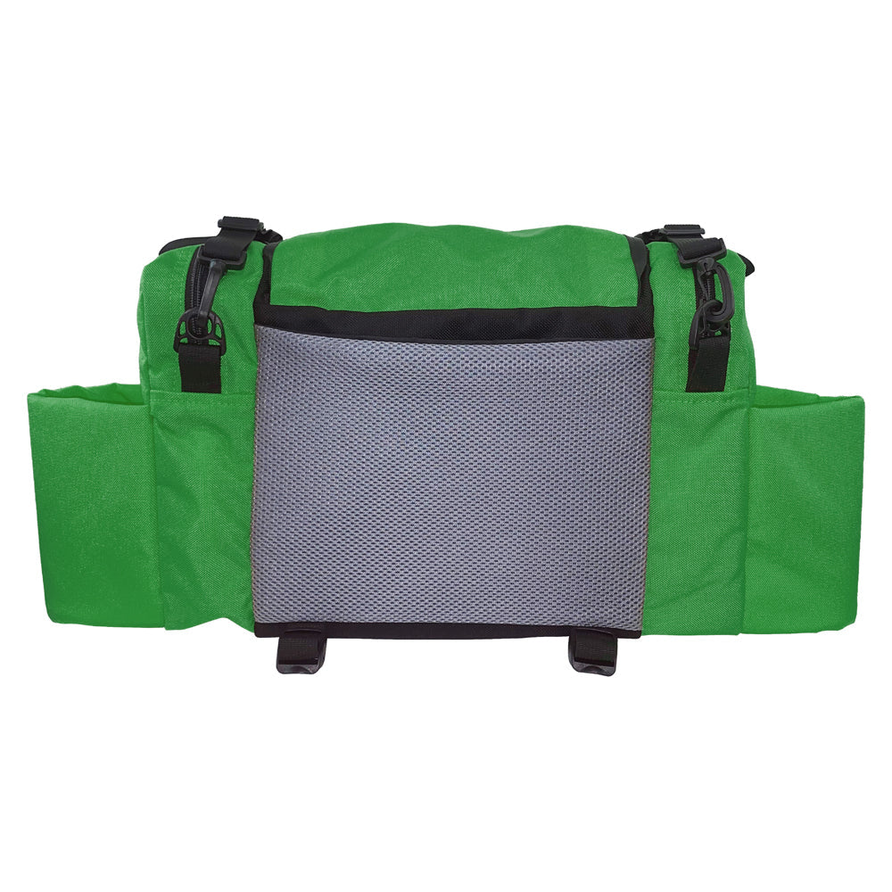Gotta Go Gotta Throw Revolution Carolina Team V3 disc golf bag in forest green and black with multiple compartments.