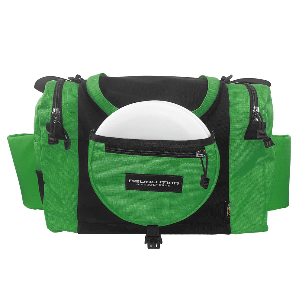 Gotta Go Gotta Throw Revolution Carolina Team V3 disc golf bag in forest green with black accents, featuring multiple compartments.