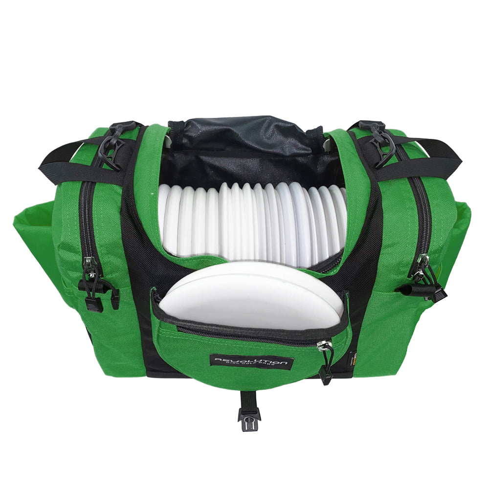 Gotta Go Gotta Throw Revolution Carolina Team V3 disc golf bag in forest green and black, with multiple compartments and adjustable straps.