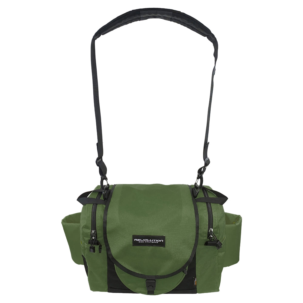 Gotta Go Gotta Throw Revolution Carolina Team V3 disc golf bag in olive green with multiple compartments and adjustable straps.