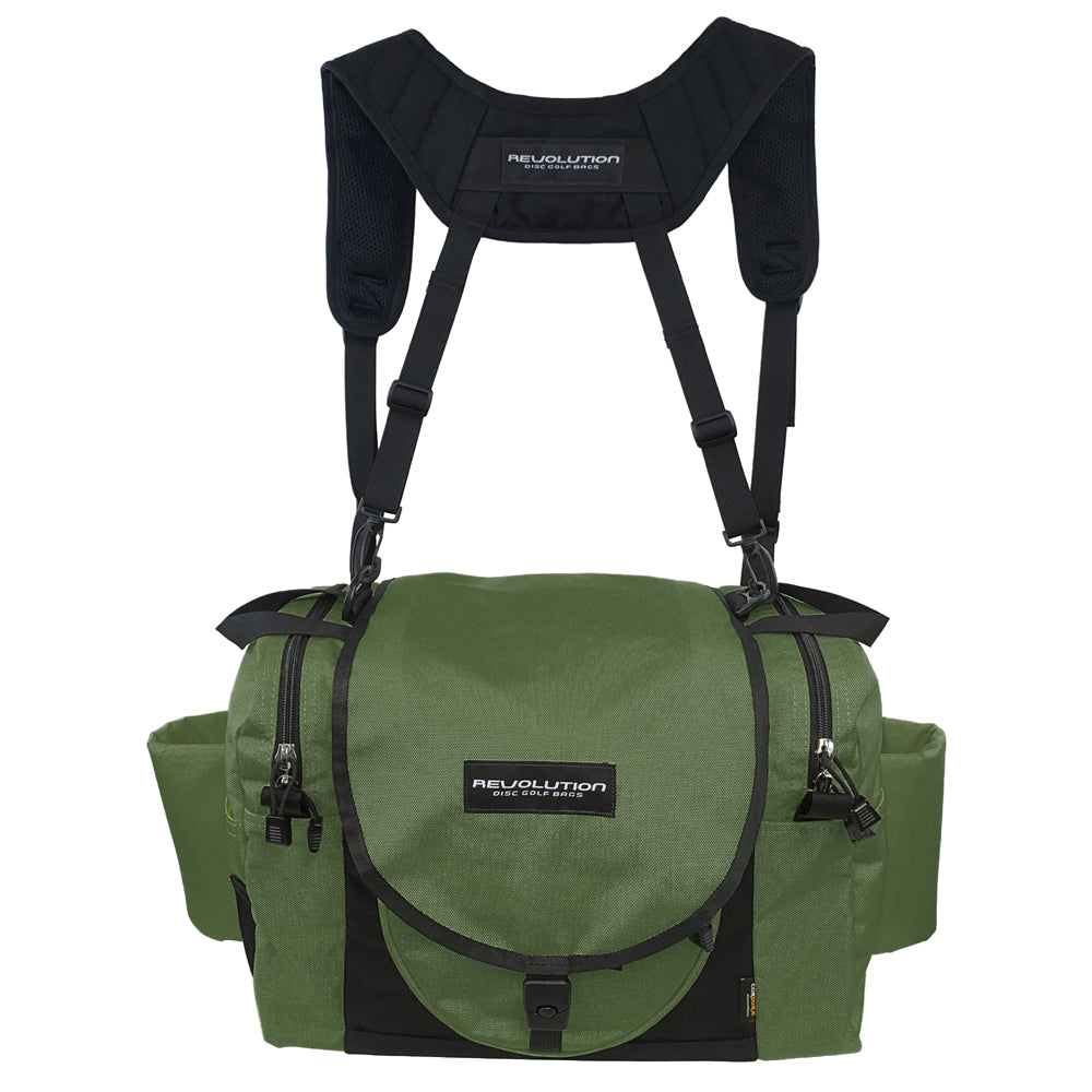 Gotta Go Gotta Throw Revolution Carolina Team V3 disc golf bag in olive green with multiple compartments and adjustable straps.