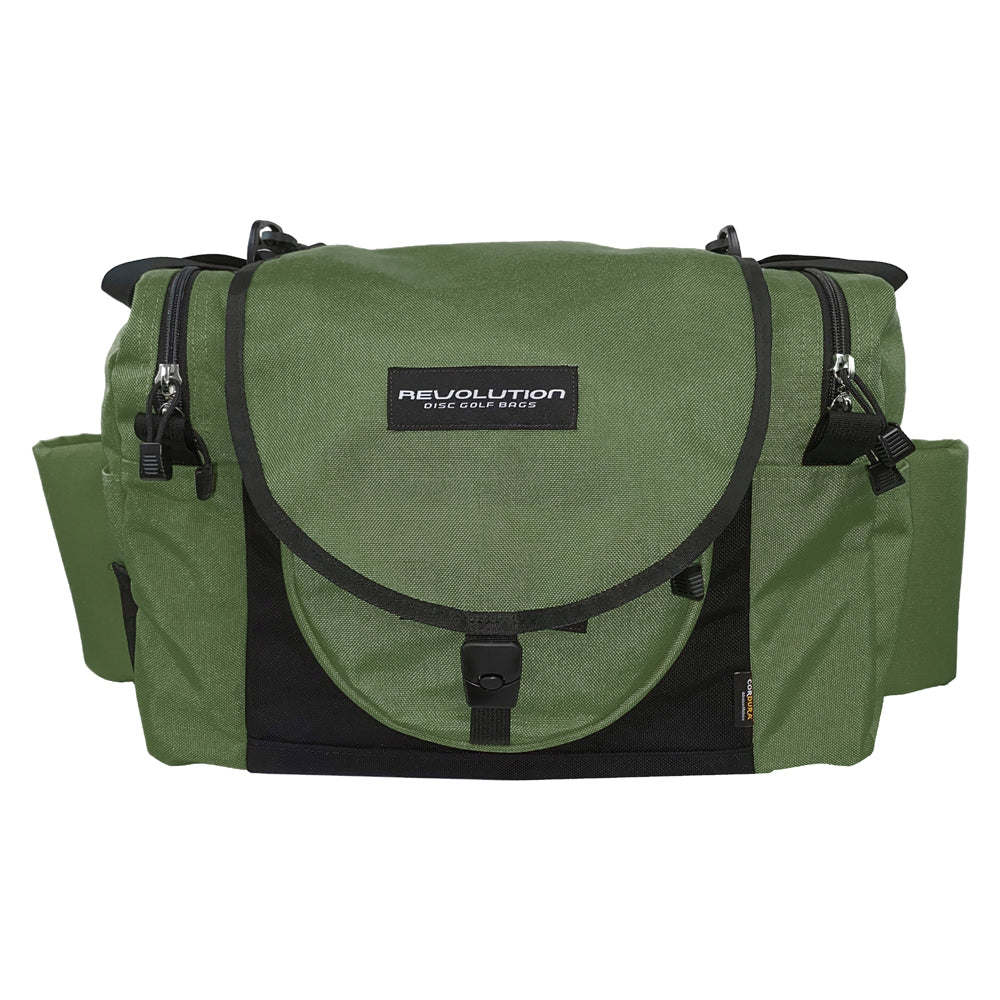 Gotta Go Gotta Throw Revolution Carolina Team V3 disc golf bag in olive green with multiple compartments and adjustable straps.
