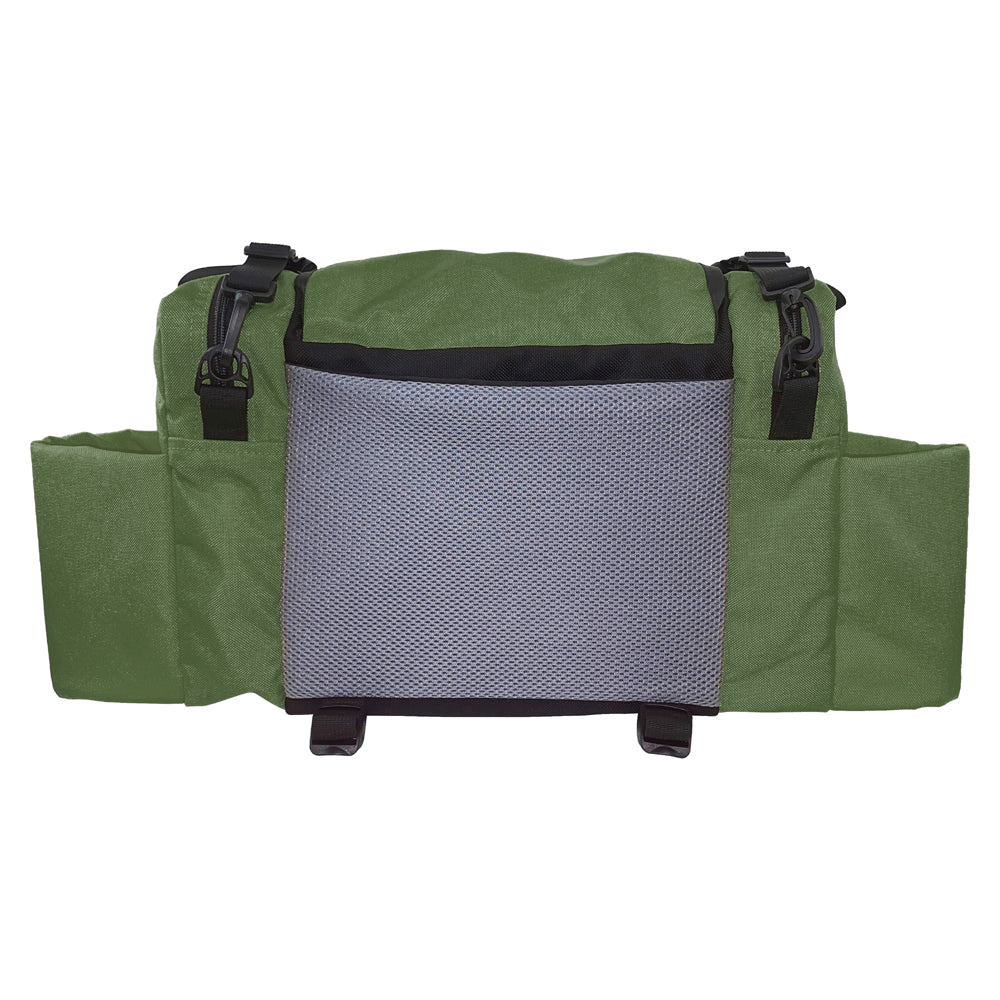 Gotta Go Gotta Throw Revolution Carolina Team V3 disc golf bag in olive green with multiple compartments and black accents