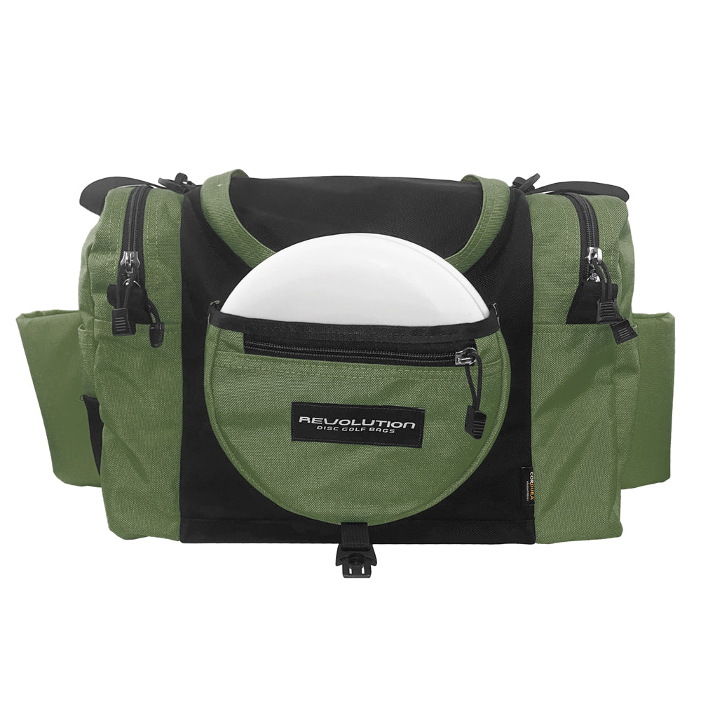 Gotta Go Gotta Throw Revolution Carolina Team V3 disc golf bag in olive green with black accents, designed for disc storage and organization.