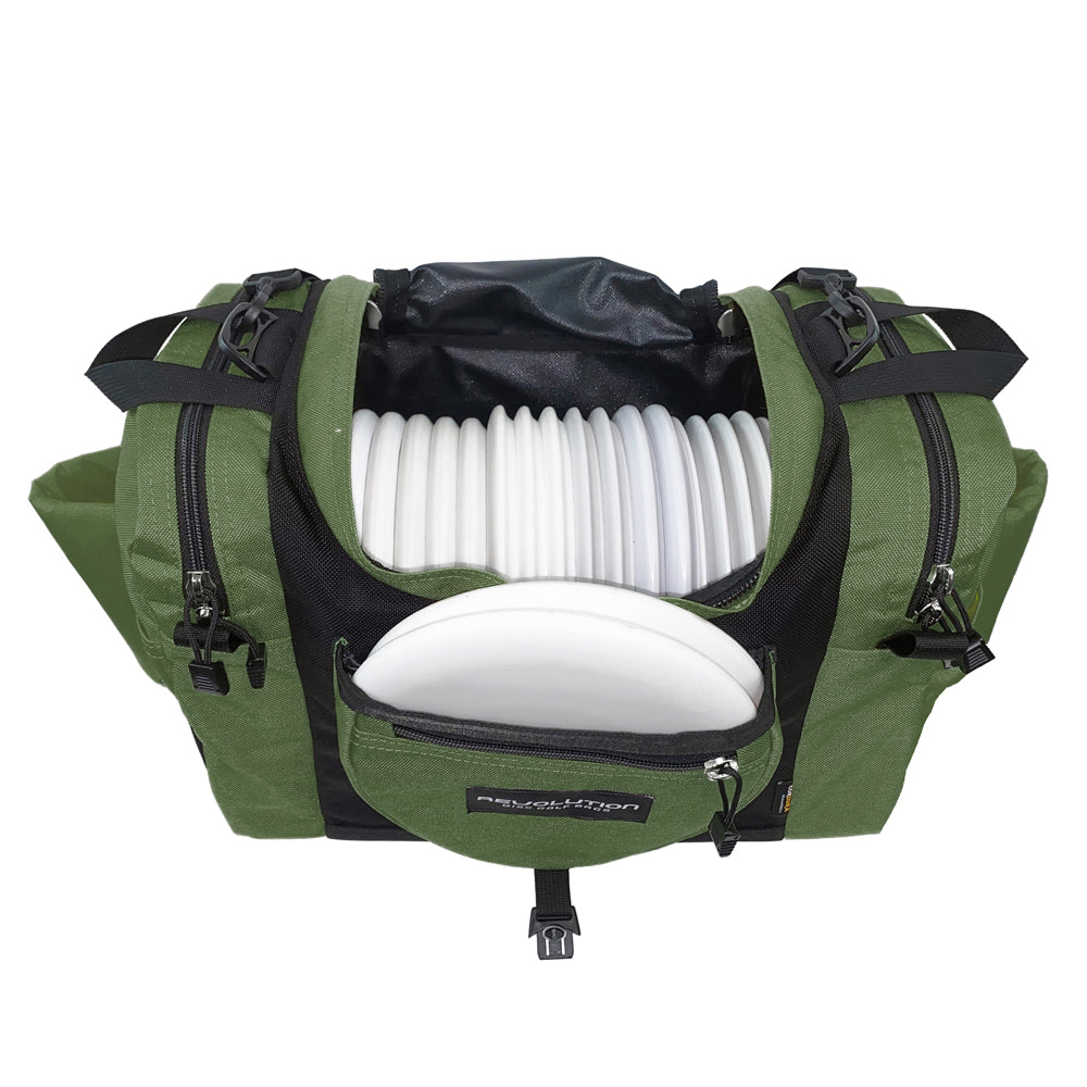 Gotta Go Gotta Throw Revolution Carolina Team V3 disc golf bag in olive green with multiple compartments and carrying straps.
