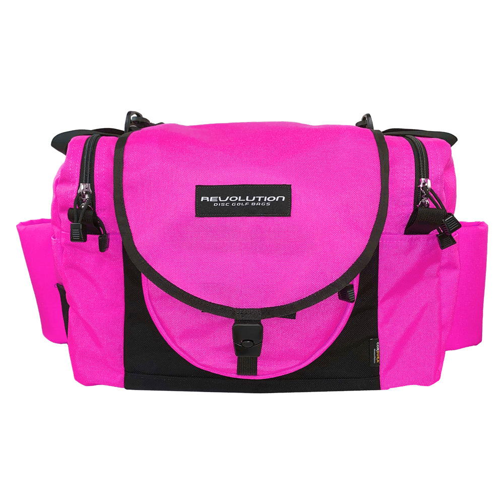 Gotta Go Gotta Throw Revolution Carolina Team V3 disc golf bag in brilliant rose with black accents, multiple compartments visible.