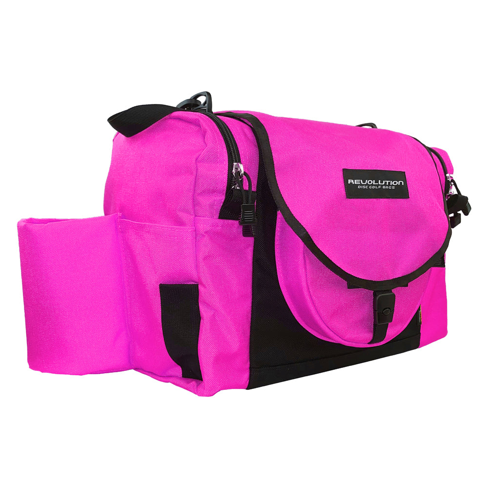 Gotta Go Gotta Throw Revolution Carolina Team V3 disc golf bag in brilliant rose with black accents, featuring multiple compartments.