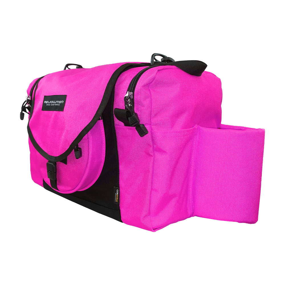 Gotta Go Gotta Throw Revolution Carolina Team V3 disc golf bag in brilliant rose with black accents, designed for carrying discs and accessories.
