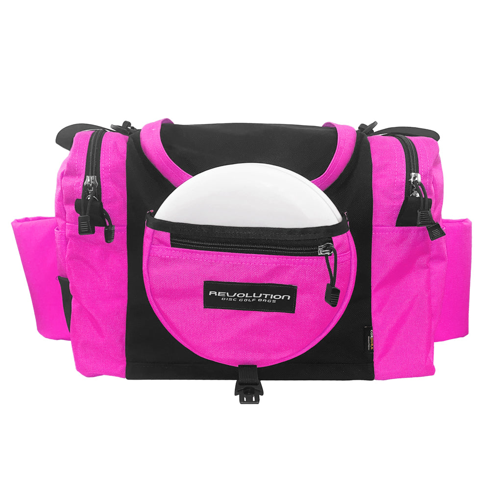Gotta Go Gotta Throw Revolution Carolina Team V3 disc golf bag in brilliant rose with black accents, multiple compartments and adjustable straps.