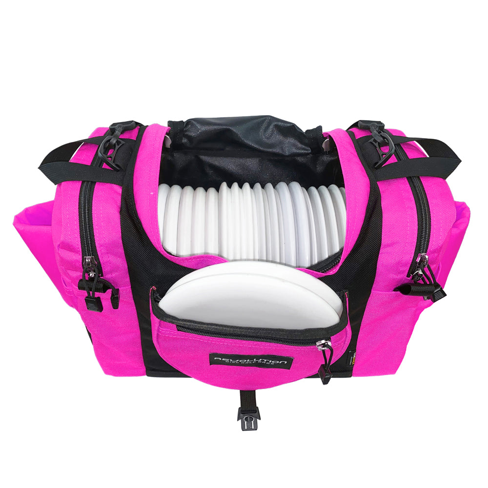 Gotta Go Gotta Throw Revolution Carolina Team V3 Disc Golf Bag in brilliant rose and black with multiple compartments.