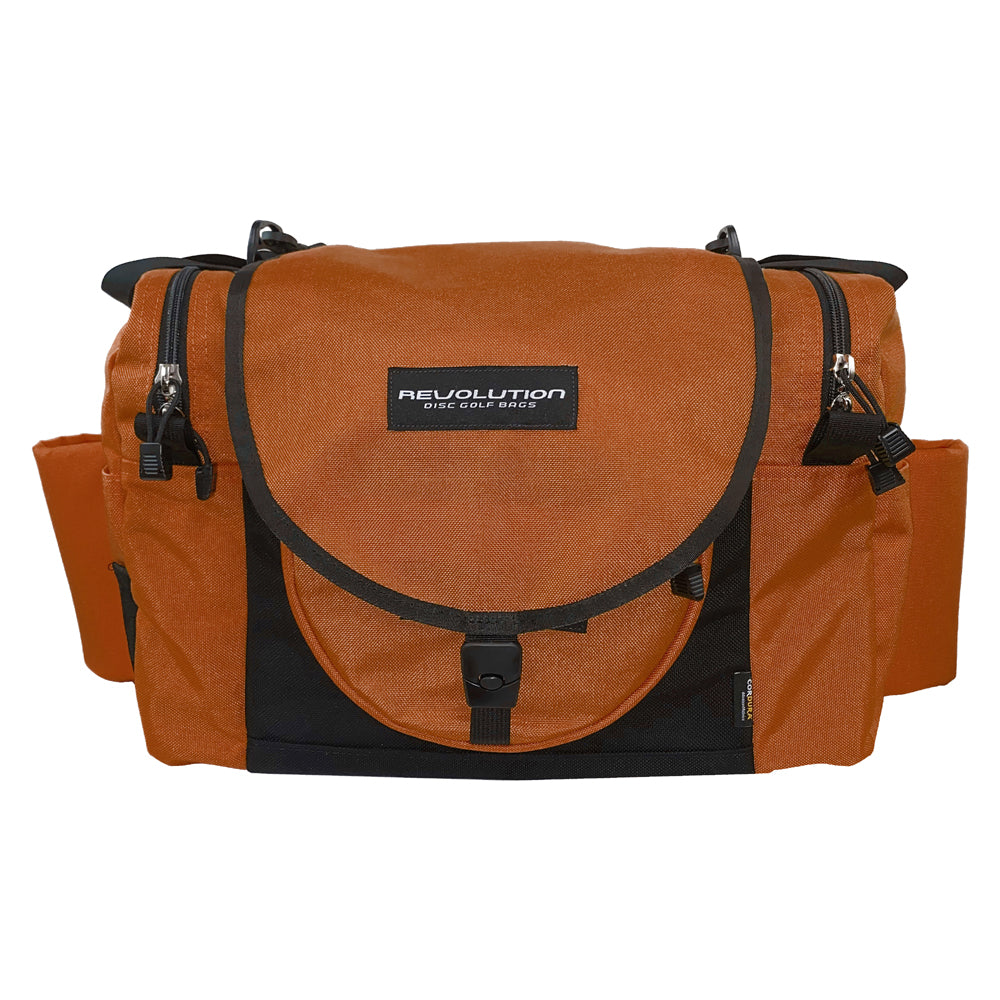Gotta Go Gotta Throw Revolution Carolina Team V3 disc golf bag in rust with black accents, featuring multiple compartments and adjustable straps.