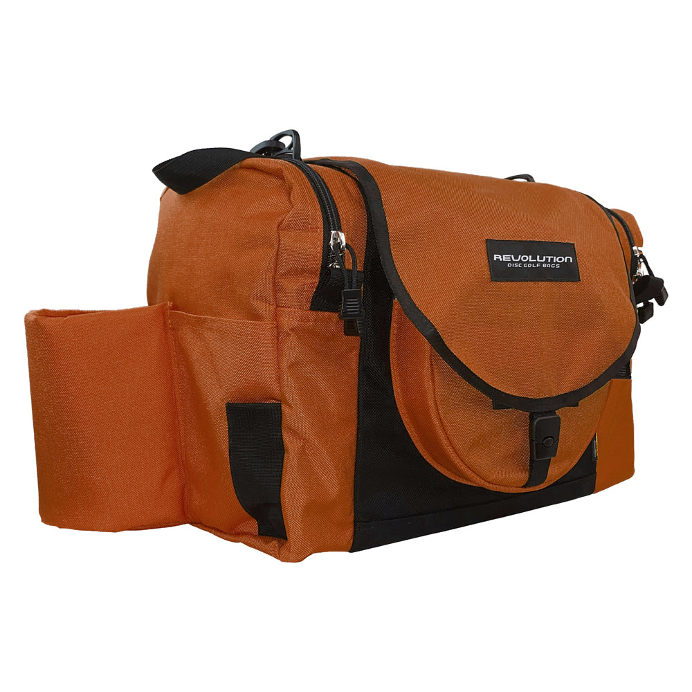 Gotta Go Gotta Throw Revolution Carolina Team V3 disc golf bag in rust with black accents, designed for disc storage and carrying.