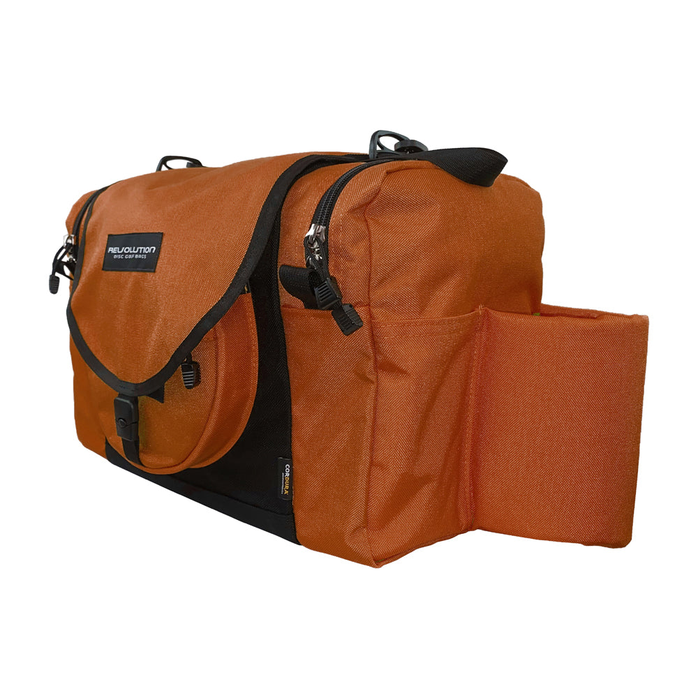 Gotta Go Gotta Throw Revolution Carolina Team V3 disc golf bag in rust with black accents, featuring multiple compartments and adjustable straps.