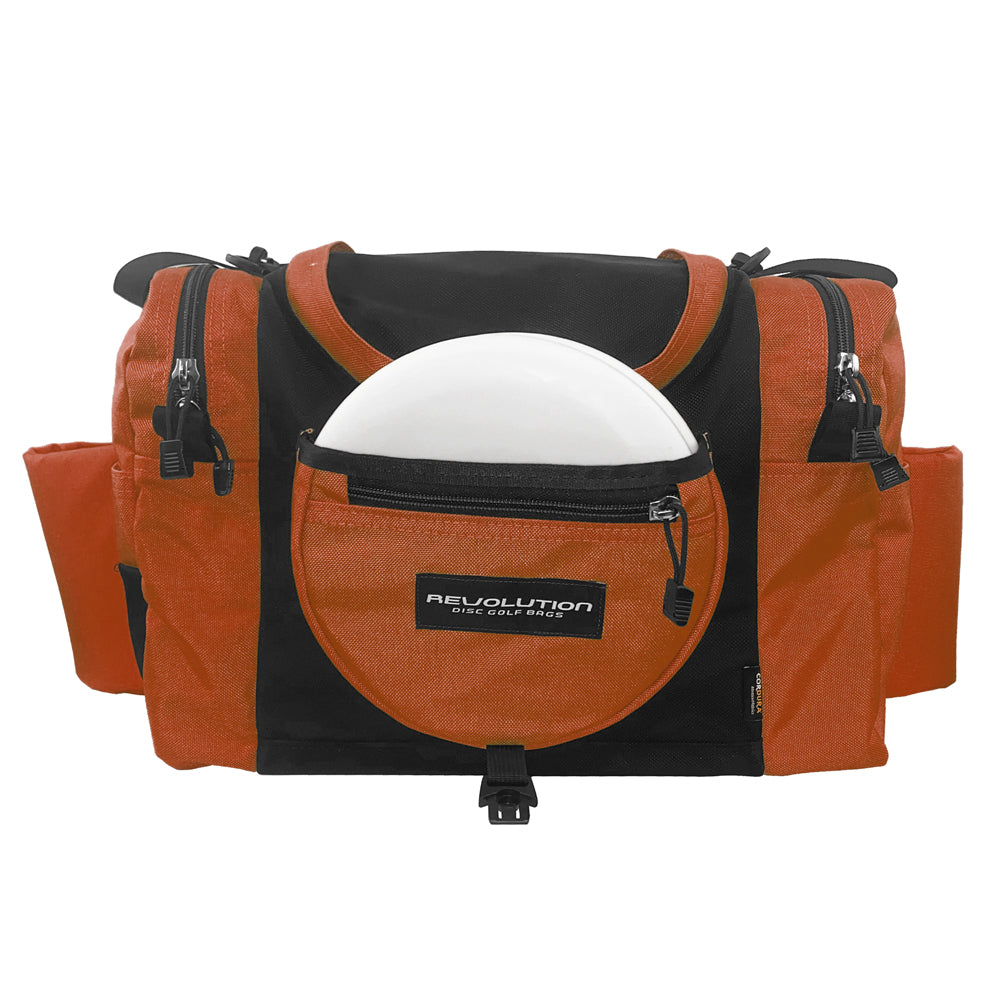 Gotta Go Gotta Throw Revolution Carolina Team V3 disc golf bag in rust with black accents, designed for disc storage and transport.