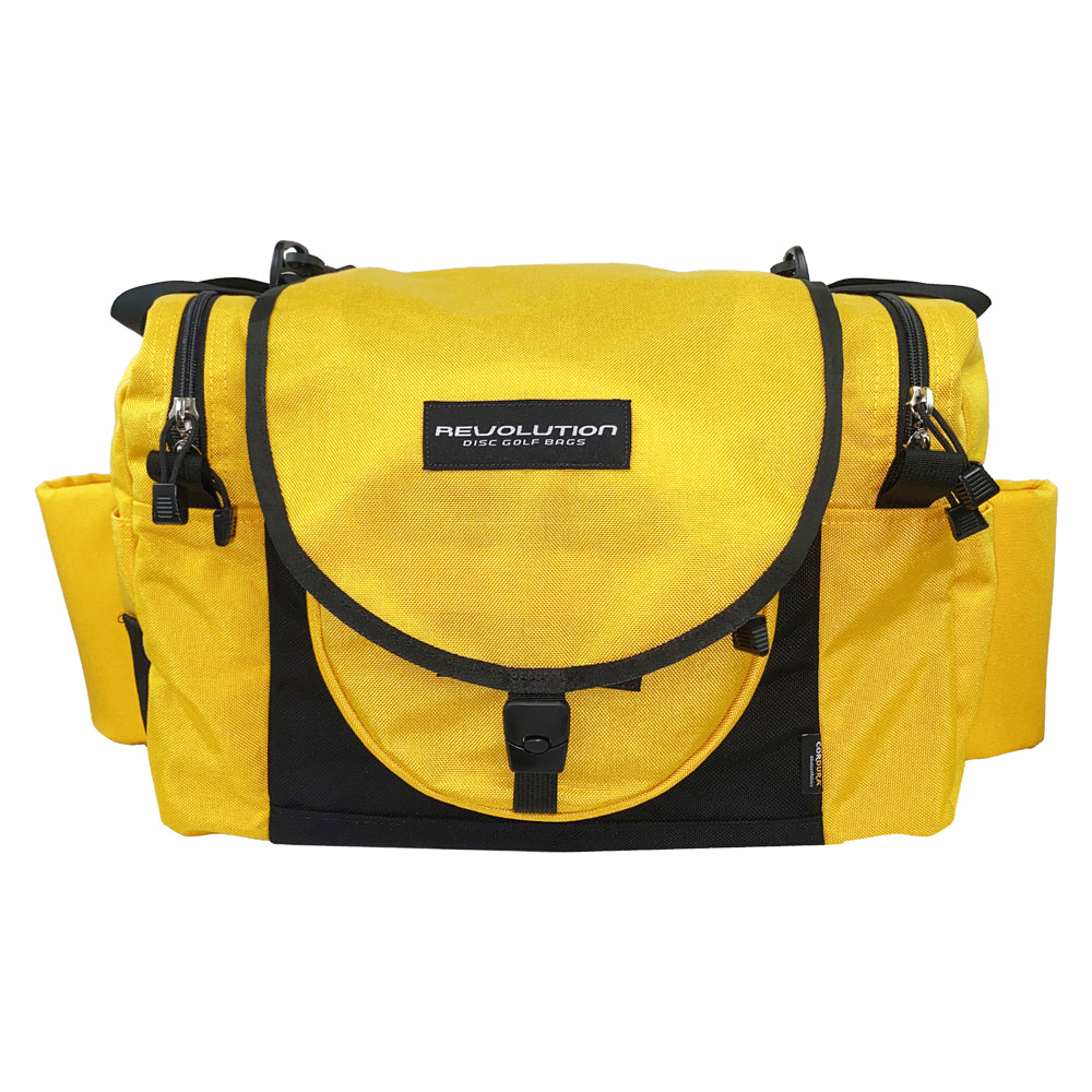 Gotta Go Gotta Throw Revolution Carolina Team V3 disc golf bag with yellow and black design, multiple compartments and adjustable straps.