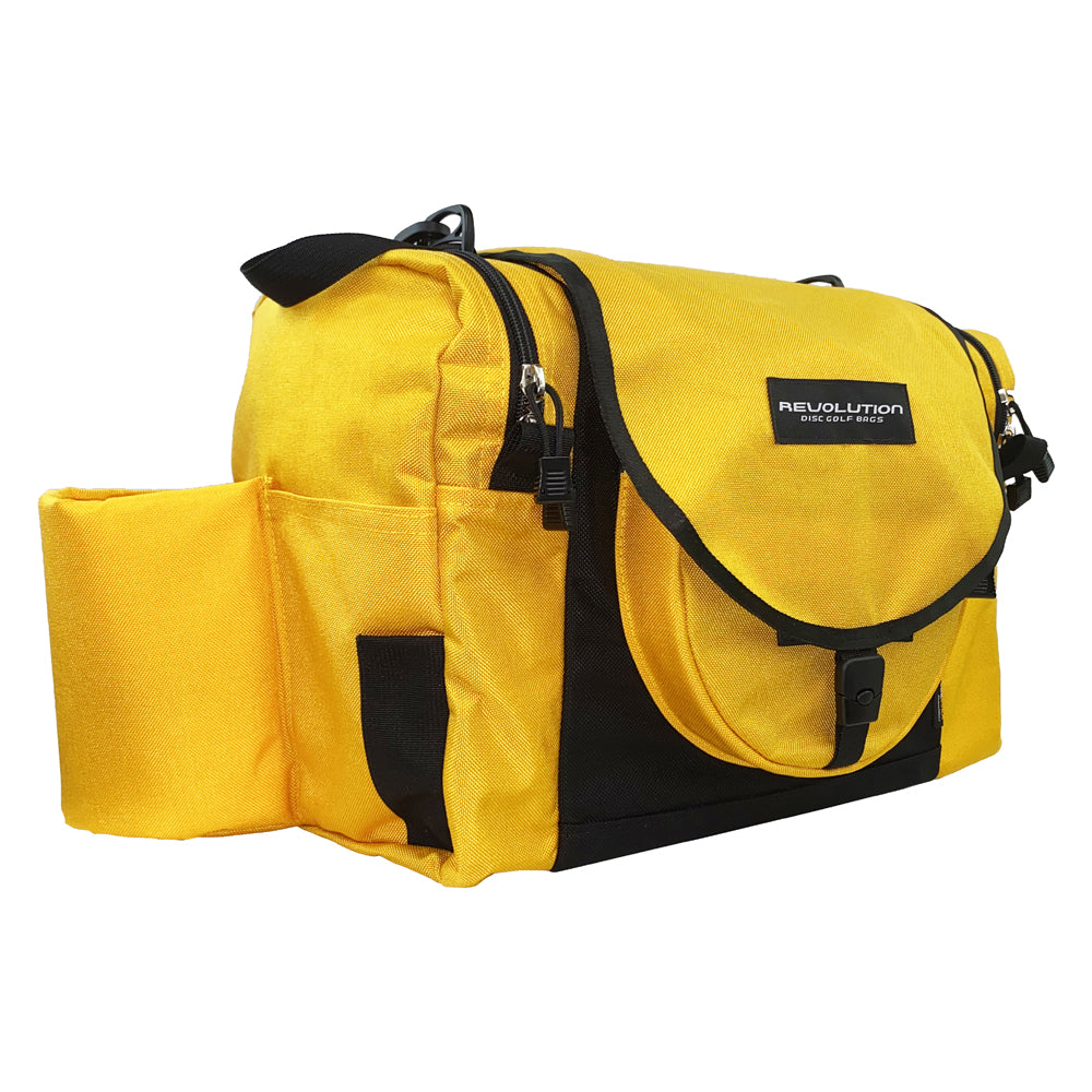 Gotta Go Gotta Throw Revolution Carolina Team V3 disc golf bag in yellow and black with multiple compartments and adjustable straps.