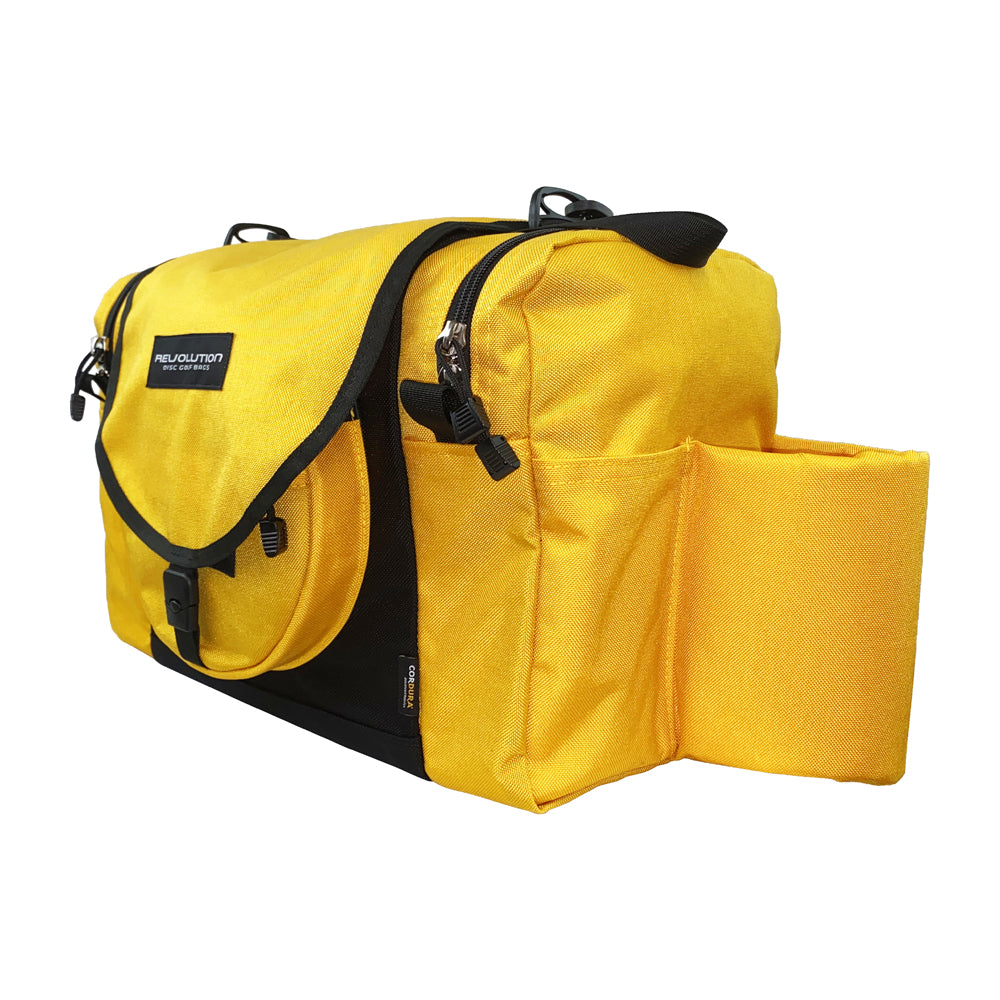 Gotta Go Gotta Throw Revolution Carolina Team V3 disc golf bag in golden yellow and black with multiple compartments.