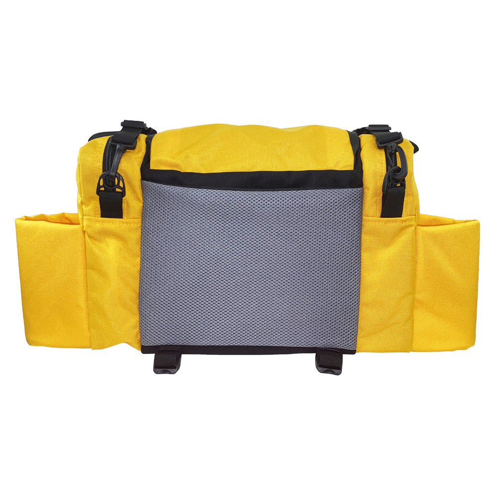 Gotta Go Gotta Throw Revolution Carolina Team V3 disc golf bag in golden yellow and black with multiple compartments.
