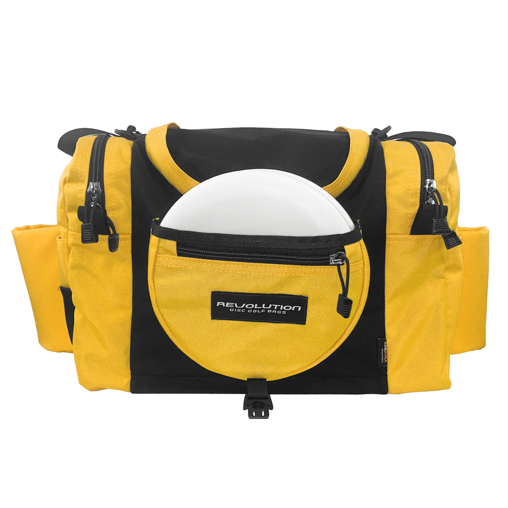 Gotta Go Gotta Throw Revolution Carolina Team V3 disc golf bag in golden yellow and black with multiple compartments.