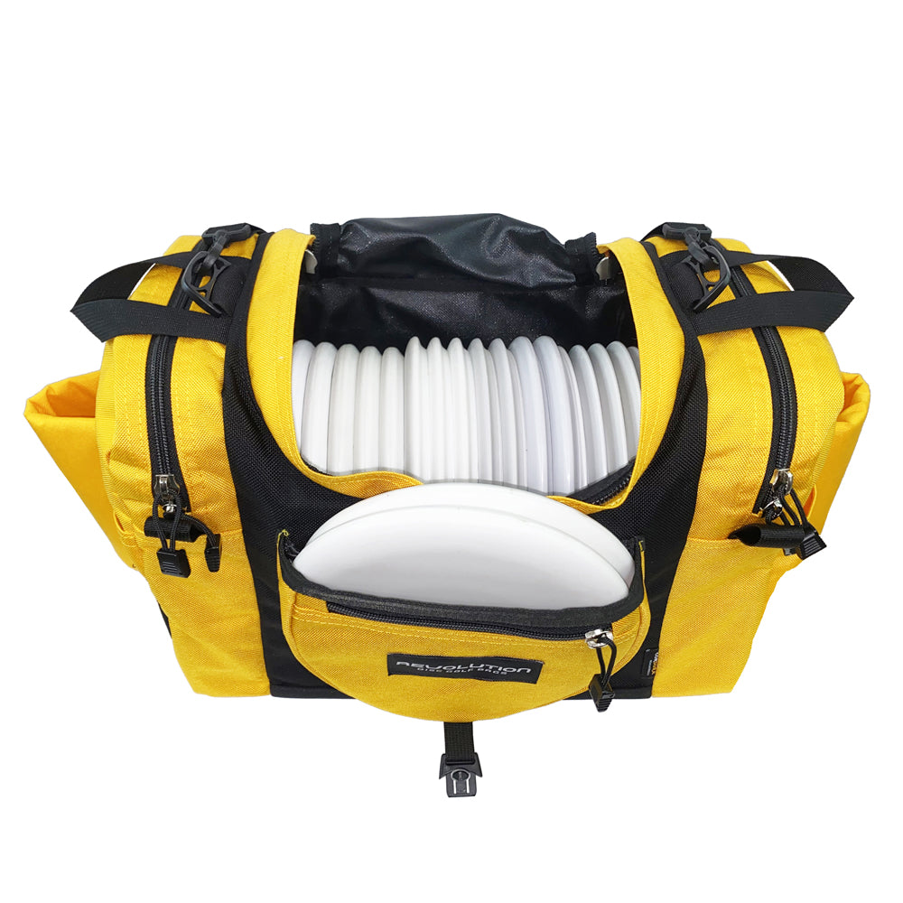 Gotta Go Gotta Throw Revolution Carolina Team V3 disc golf bag in golden yellow and black with multiple compartments and carrying straps.