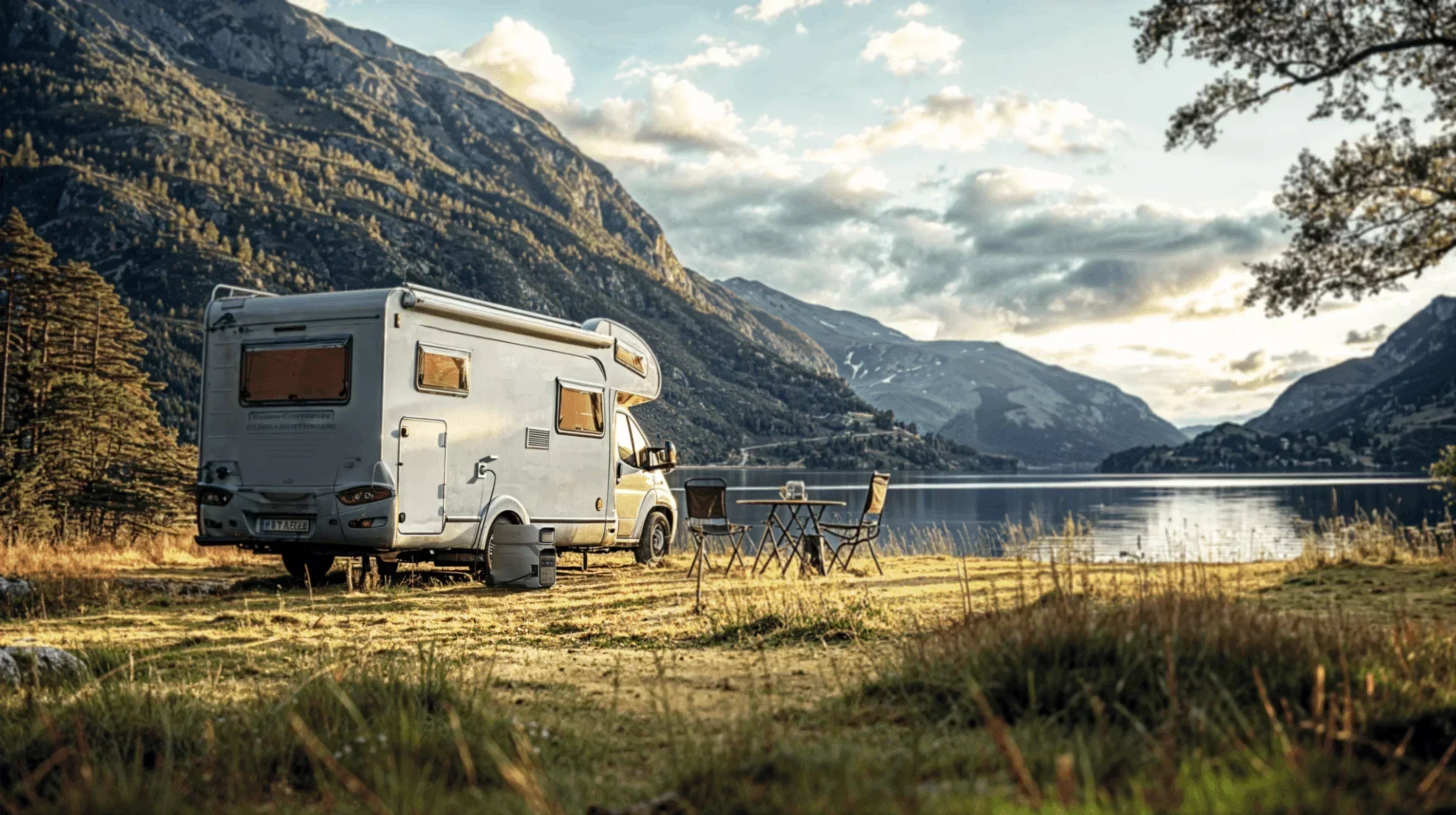 Green Vista Living EcoFlow DELTA Pro 3 portable solar generator connected to an RV for camping power.