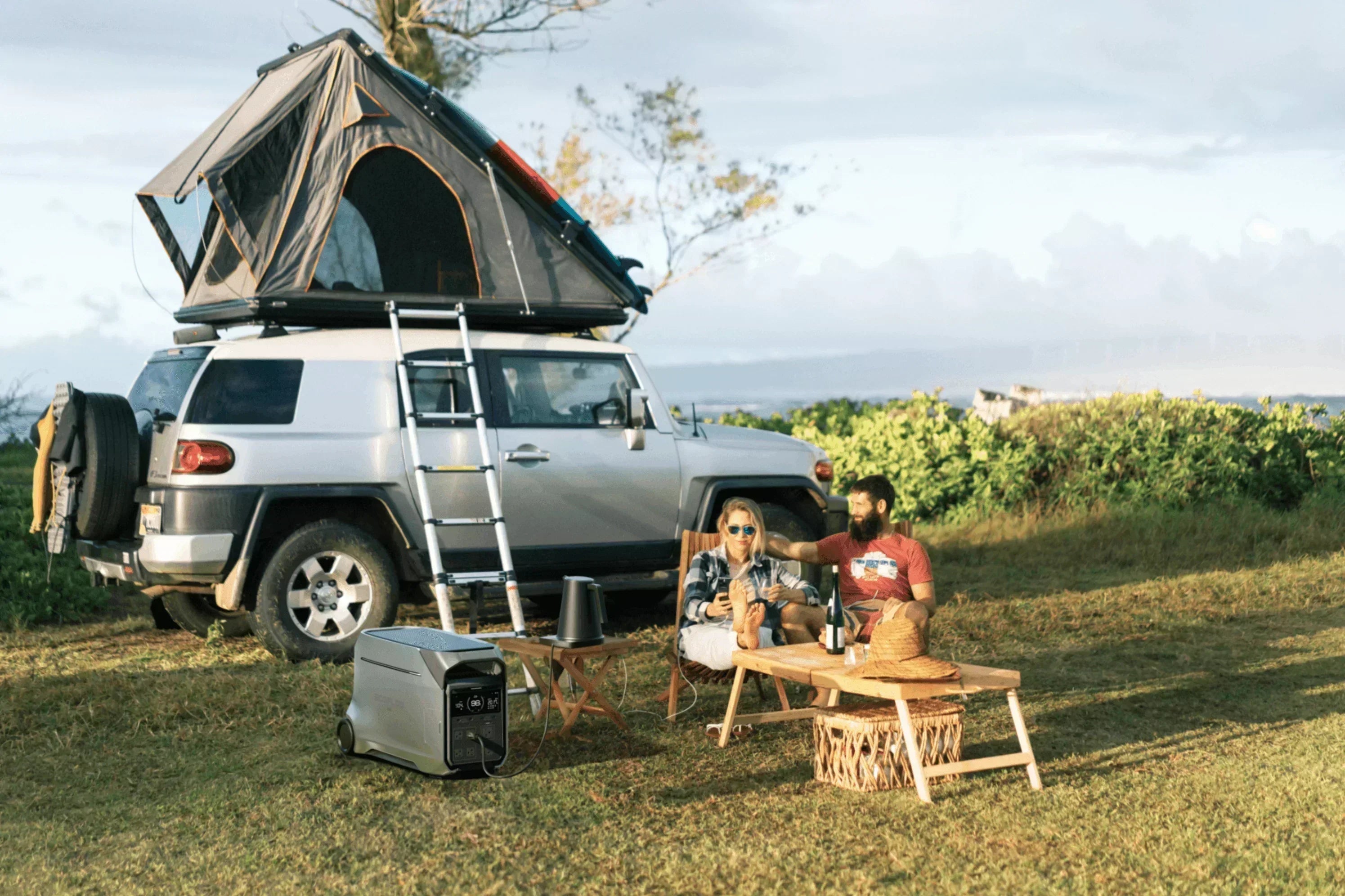 Green Vista Living EcoFlow DELTA Pro 3 portable solar generator connected to an RV for camping power supply.