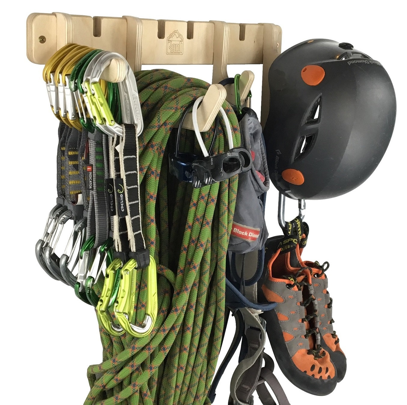 White THE ANCHOR climbing gear rack by Rado Racks displaying climbing equipment organized and easily accessible.