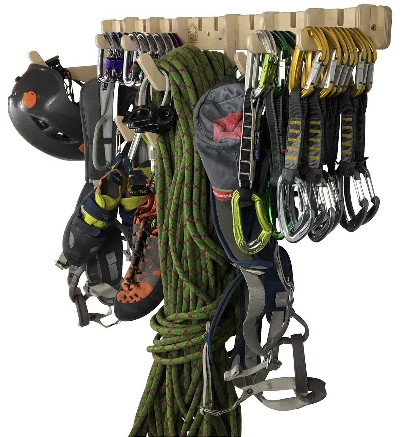 Rado Racks THE ANCHOR climbing gear rack in white, showcasing multiple hooks and a sturdy design for gear organization.