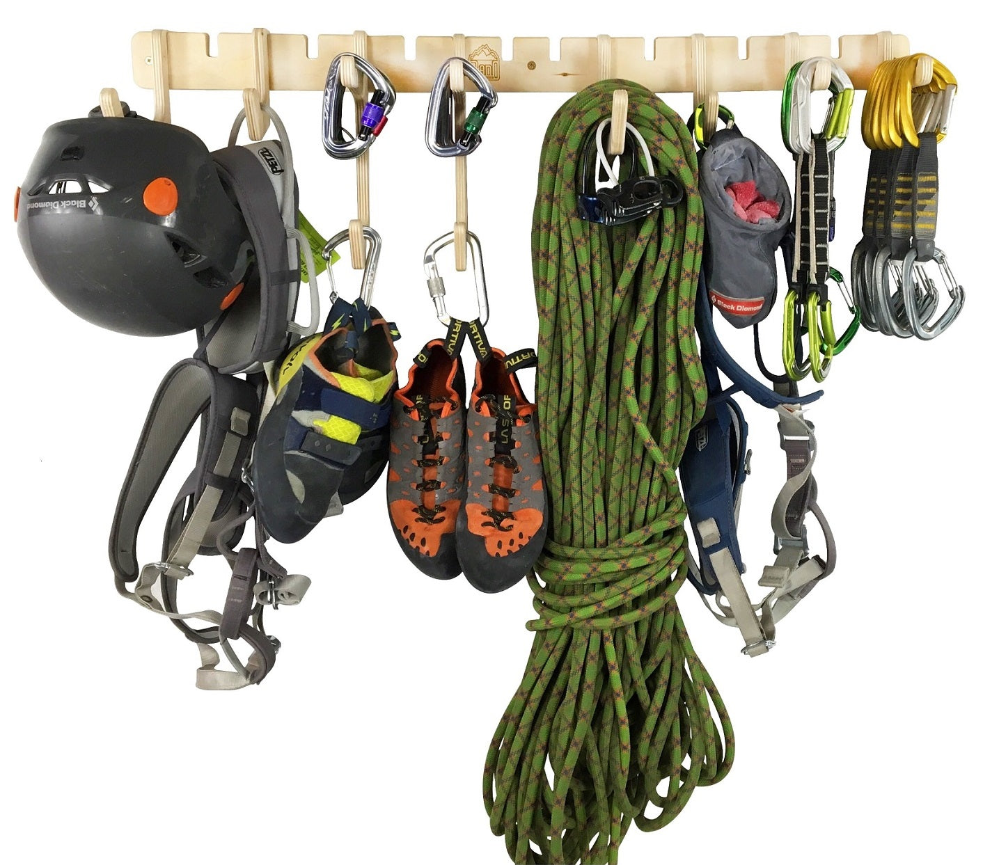 Rado Racks THE ANCHOR climbing gear rack with multiple hooks and a sleek white design for organizing climbing equipment.