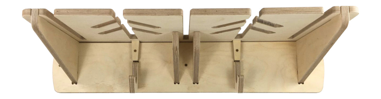 Rado Racks Ponderosa ski wall rack holding multiple skis, made of wood with a natural finish, mounted on a wall.